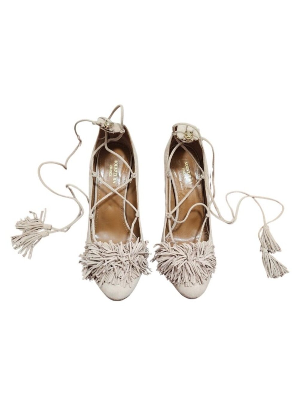 Aquazzura Wild Thing Fringe Suede Lace Up Block Heel Pumps Beige EU 36.5 US 6 - Picture 2 of 12